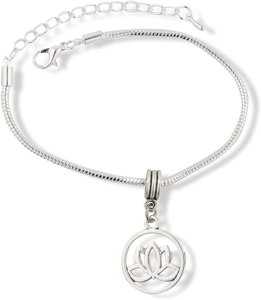 Lotus Flower in a Circle Snake Chain Charm Bracelet-0