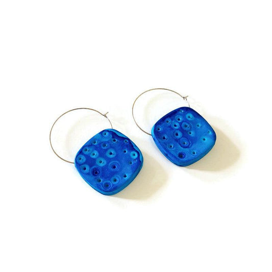 Blue Square Hoop Earrings Handmade-0