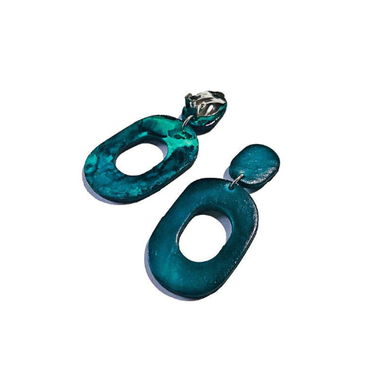 Dark Blue Clip On Earrings for Non Pierced Ears, Clay Painted with Alcohol Ink- "Pam"-0