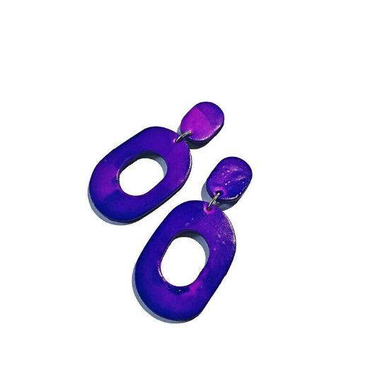 Dark Blue Clip On Earrings for Non Pierced Ears, Clay Painted with Alcohol Ink- "Pam"-7