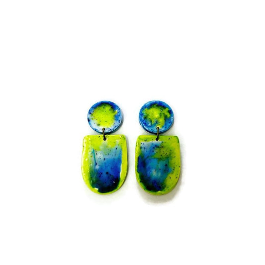 Fluid Art Statement Earrings in Lime Green & Blue-0